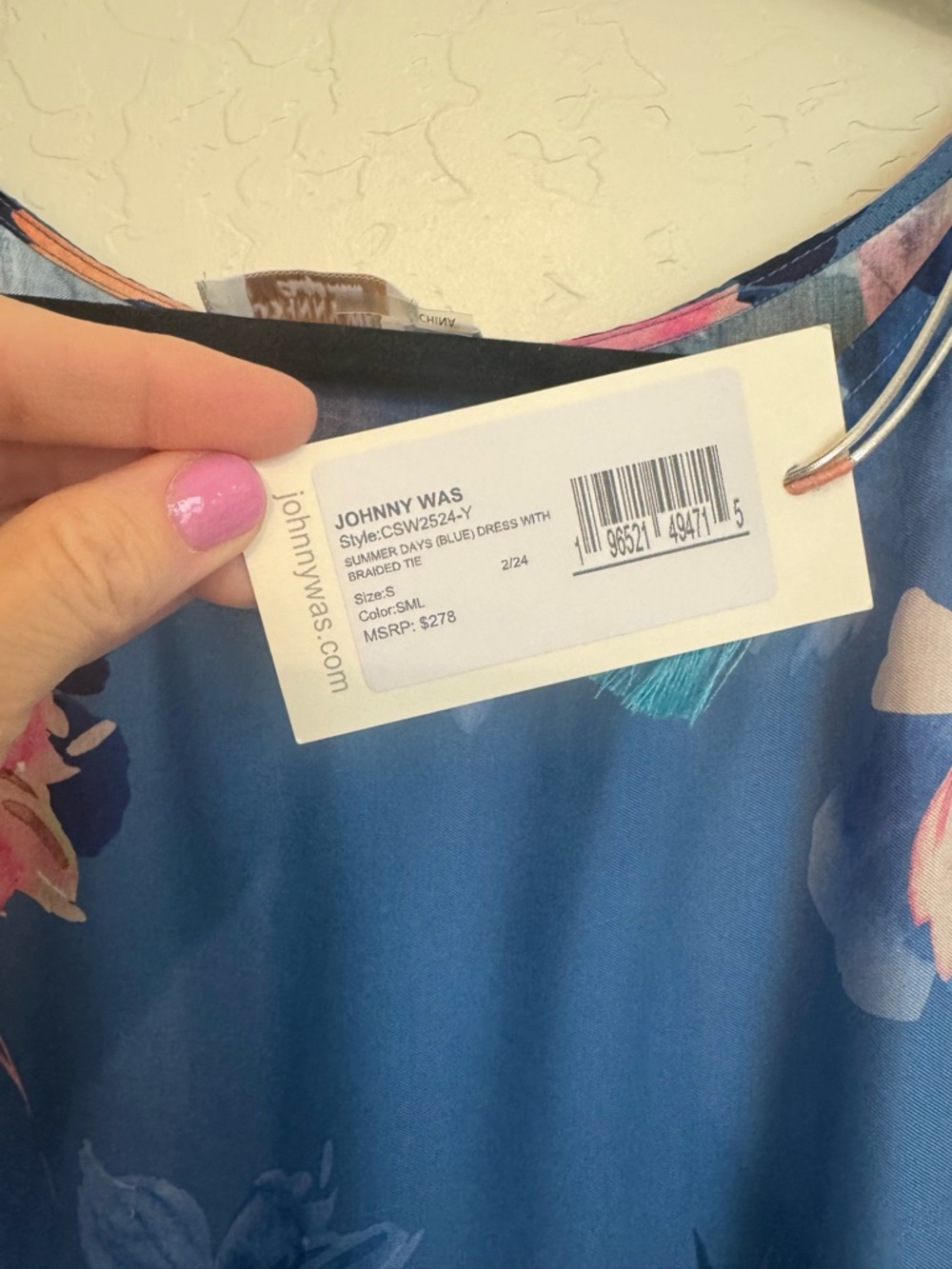 NWT JOHNNY WAS SUMMER DAYS BLUE FLORAL DRESS WITH BRAIDED TIE Size Small - Picture 8 of 9